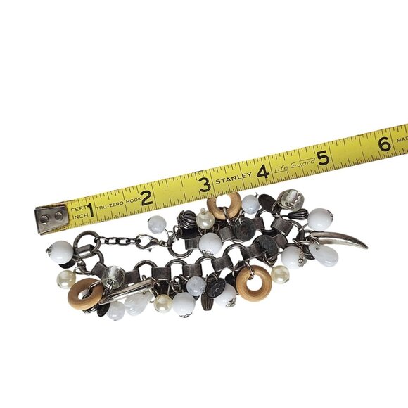 Vintage Charm Bracelet Mixed Material Wood Metal Faux Pearls Eclectic Boho Style - Picture 5 of 5